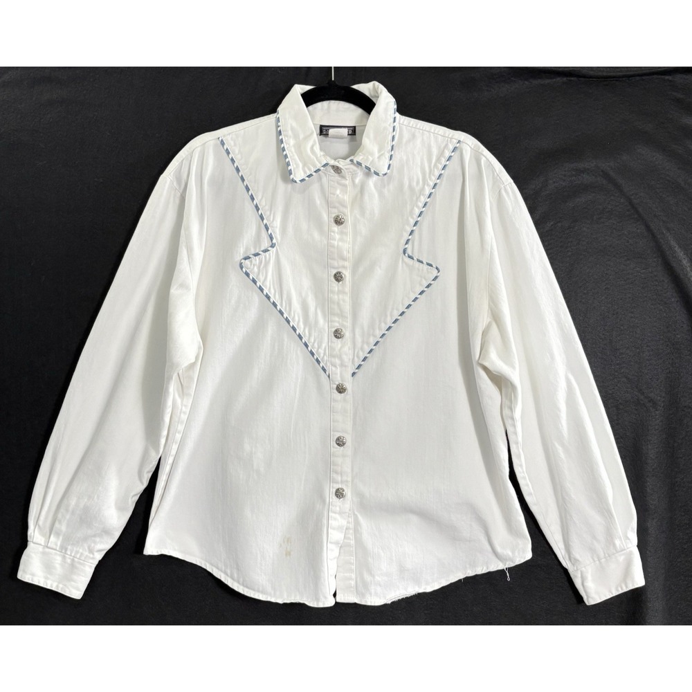 Vtg ROUGH RIDER Women Button Front Shirt Long Sleeves Western Sz XL White 22-11